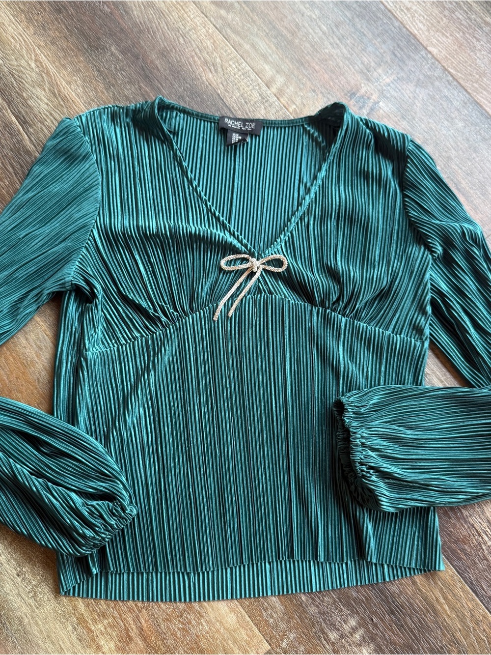Rachel Zoe Deep Green Pleated V-Neck Blouse with Bow Medium
